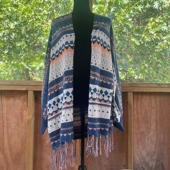 Easel Women's Longline Boho Fringe Trim Cardigan Colorful Size M - Picture 1 of 9